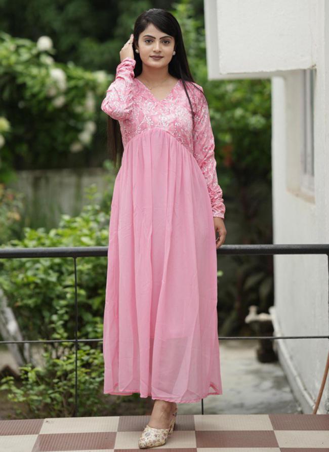 Georgette Pink Casual Wear Hand Work Readymade Gown